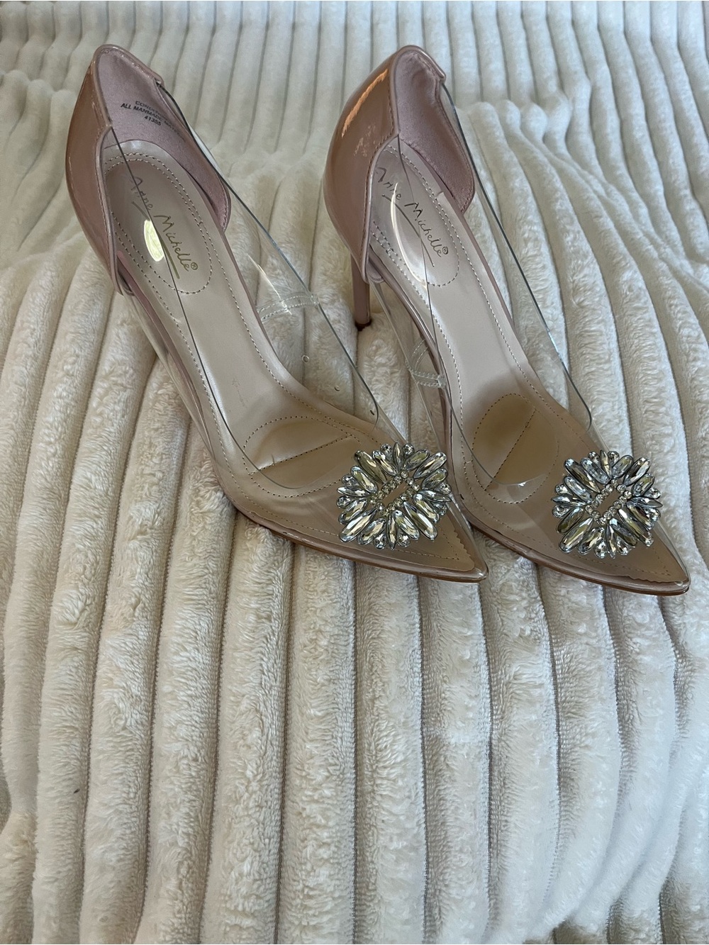 Anne Michelle Nude Patent Pointed Toe Pumps with Crystal Brooch